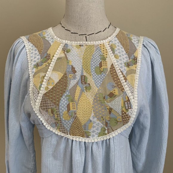 Vintage 70s Calico Patchwork Prairie Quilt Cottage Core Puff Sleeve Top S - Picture 2 of 12